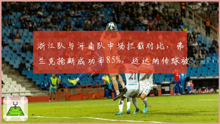 浙江队与河南队中场拦截对比，弗兰克抢断成功率85%，迈达纳传球被断次数多一倍